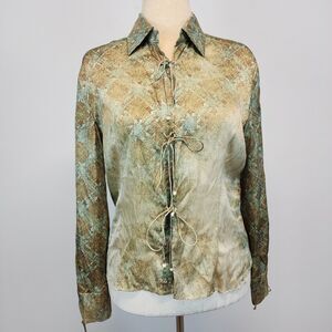 VTG Roberto Cavalli Green Silk Blouse Stone Embellished Closure Designer $1280